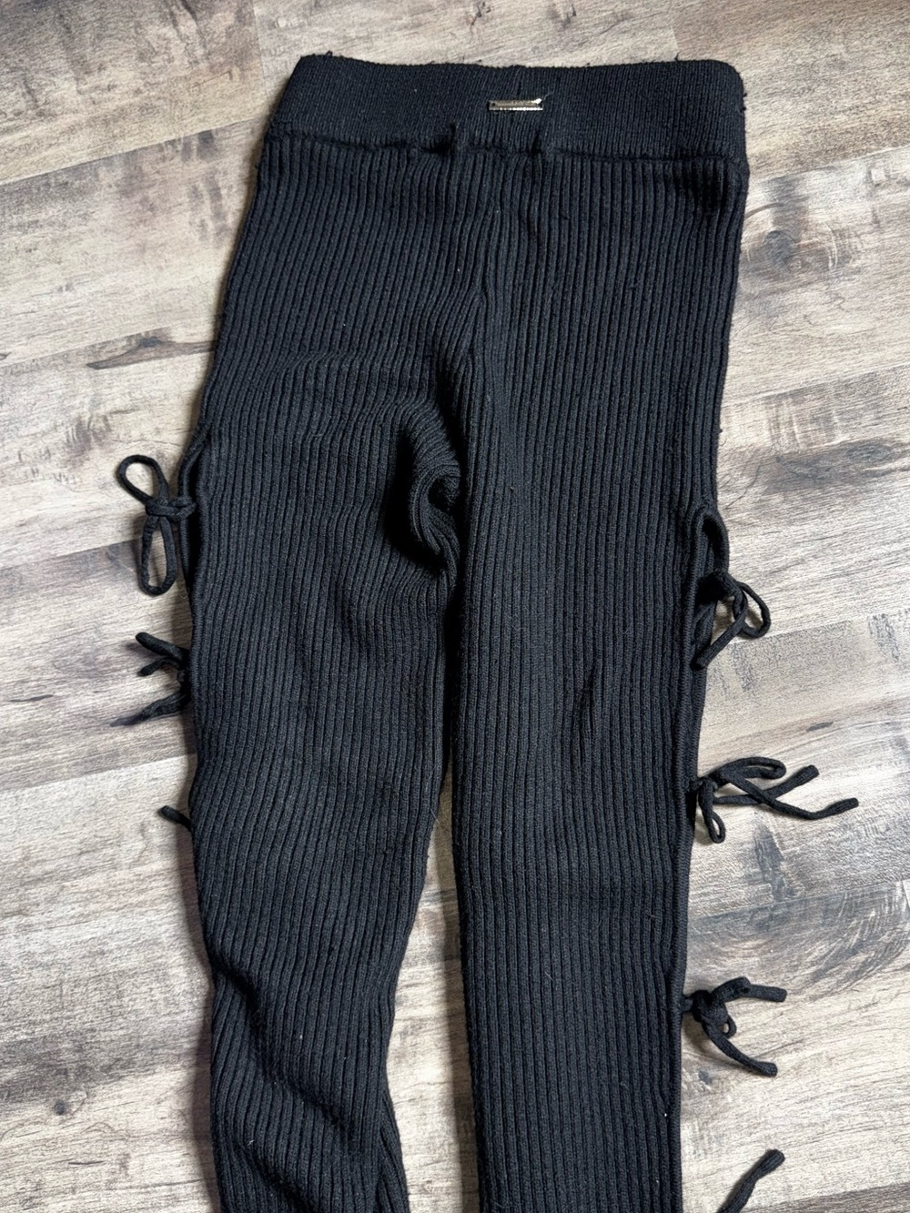 Maniere De Voir Ribbed Knit Lace-Up Side-Tie Flare Pants Black Sz S Coquette - Picture 11 of 13